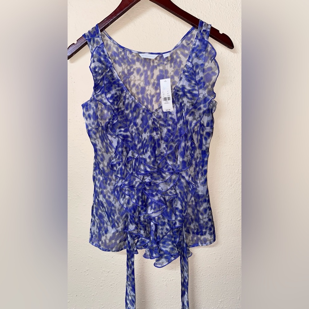 New York & Company Vibrant Blue Animal Print Ruffle Blouse NWT!